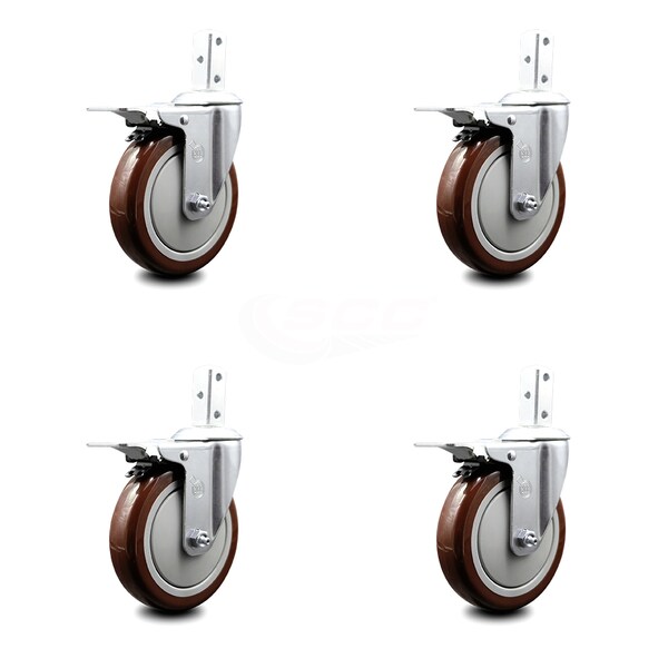 5 Inch Maroon Poly Wheel Swivel 7/8 Inch Square Stem Caster Set Total Lock Brake
